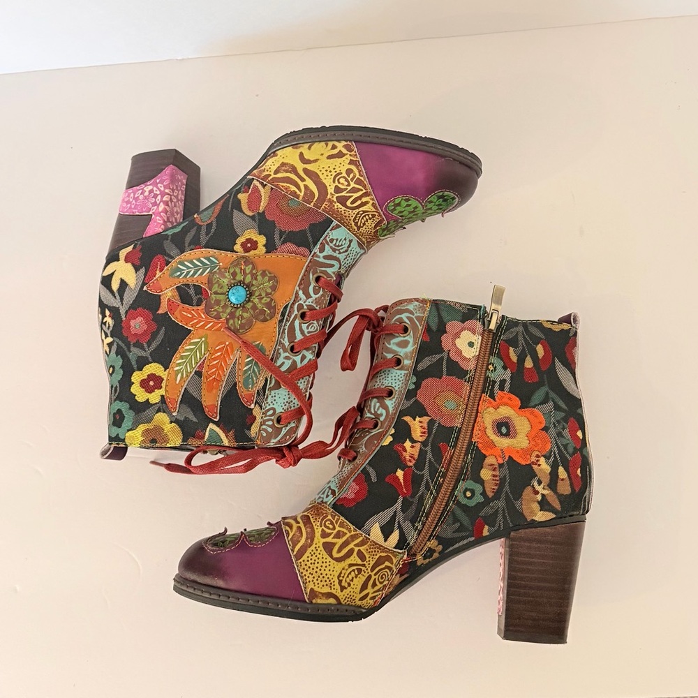 Floral Embellished Heeled Ankle Boots Gracosy leather and fabric EU 41 - Picture 3 of 6